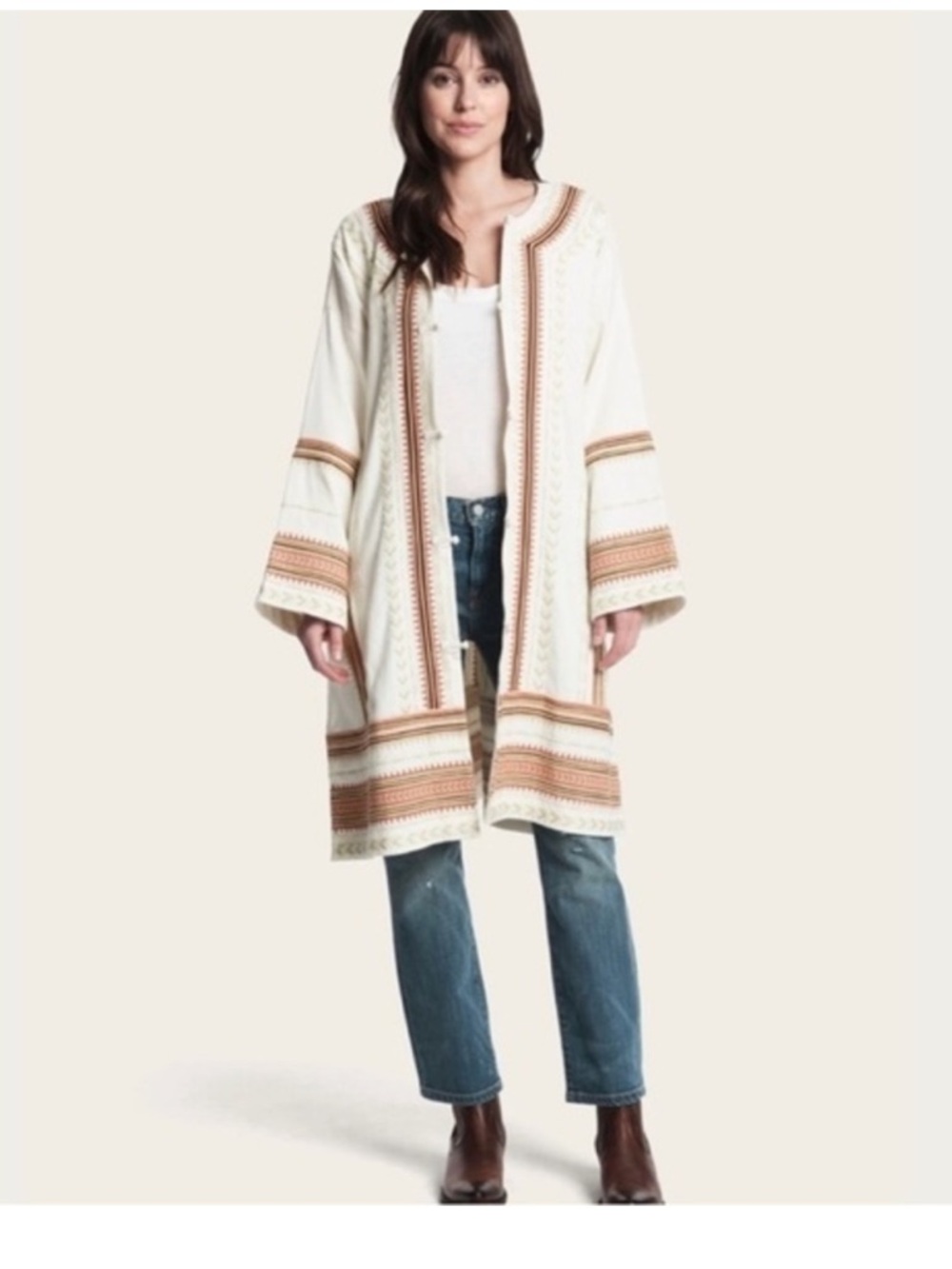 NWT Frye cream and red embroidered Moroccan style cardigan duster jacket